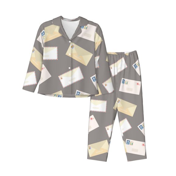 Pajamas for Women Set - envelope Pattern Comfy Long Sleeve Button Up Pajama Sets for Women 2 Piece, Soft Sleepwear Nightwear Pjs Lounge Sets for Women with Pockets