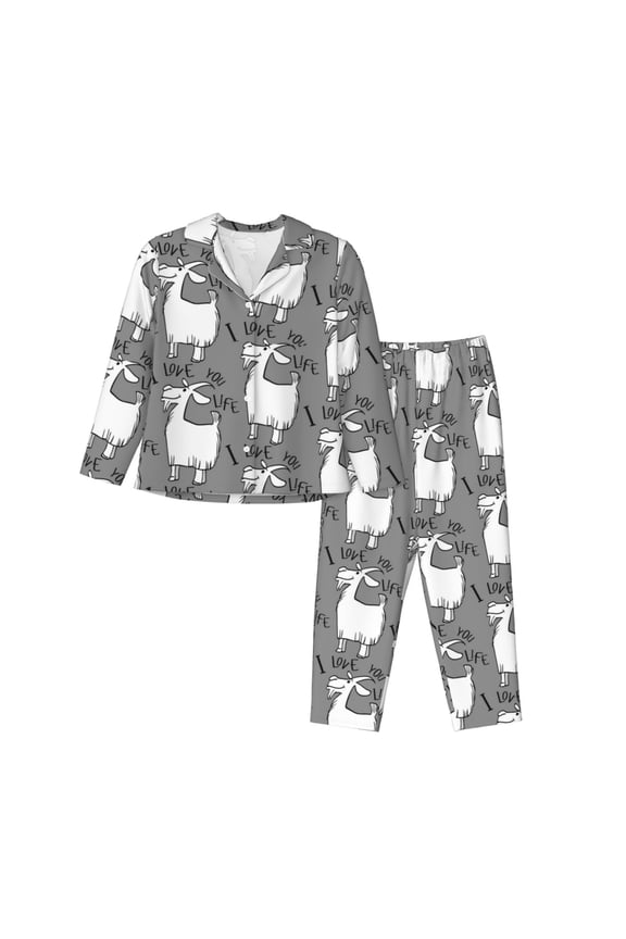 Pajamas for Women Set - goat funny grey cute Comfy Long Sleeve Button Up Pajama Sets for Women 2 Piece, Soft Sleepwear Nightwear Pjs Lounge Sets for Women with Pockets