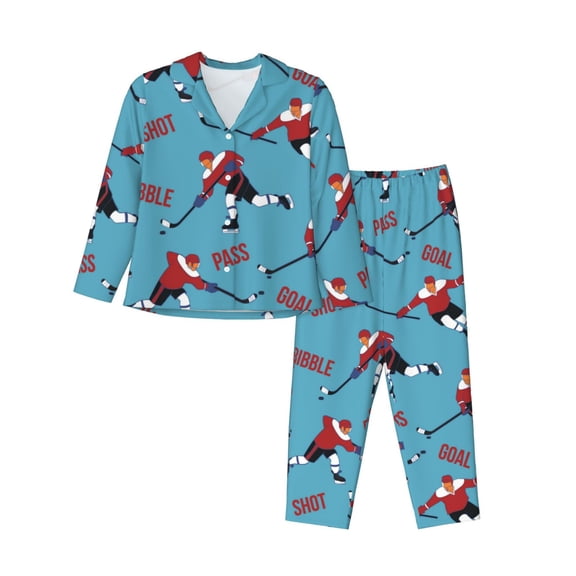 Pajamas for Women Set - ice hockey player stick blue Comfy Long Sleeve Button Up Pajama Sets for Women 2 Piece, Soft Sleepwear Nightwear Pjs Lounge Sets for Women with Pockets