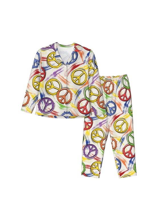 Pajamas for Women Set - peace sign hippie style Comfy Long Sleeve Button Up Pajama Sets for Women 2 Piece, Soft Sleepwear Nightwear Pjs Lounge Sets for Women with Pockets