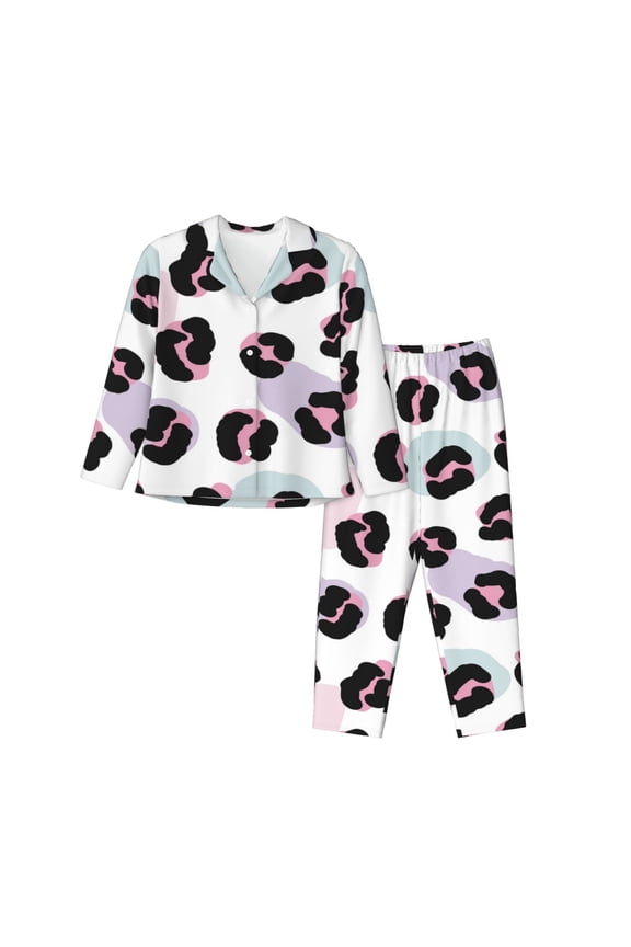 Pajamas for Women Set - retro print leopard Comfy Long Sleeve Button Up Pajama Sets for Women 2 Piece, Soft Sleepwear Nightwear Pjs Lounge Sets for Women with Pockets