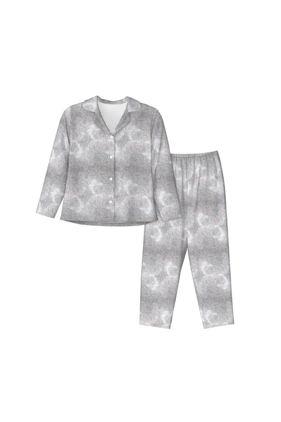 Pajamas for Women Set - silver sparkle glitter Comfy Long Sleeve Button Up Pajama Sets for Women 2 Piece, Soft Sleepwear Nightwear Pjs Lounge Sets for Women with Pockets