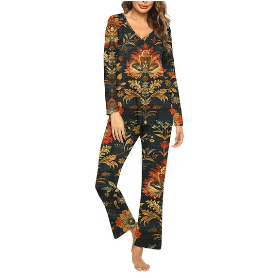 Pajamas Women Sleepwear Set Womens Pajamas Ladies' Christmas Printed V-Neck Casual Long Top Pants Pajama Set