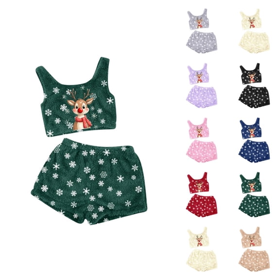 Pajamas for Women – Strappy 2 Piece Lounge Set Summer Sleep Women's Christmas Printing Two Piece Set Tank Top And Shorts Comfortable Sleepwear And Loungewear Outfit