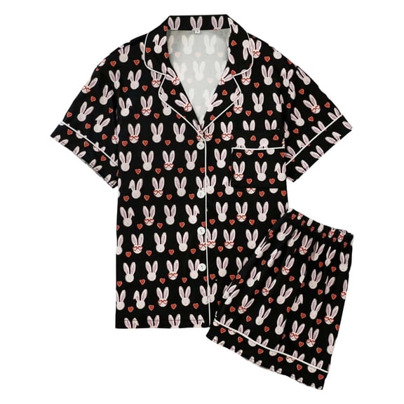 Pajamas Women Women's Valentine's Day Button Down Pajama Set Lapel Collar Short Sleeve Printed Top Shorts Comfortable Loungewear Ladies Pajamas Sets Black S