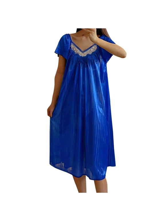 Pajamas Women Womens Lightweight Nightgown Ice Silk Nightgown - Short Sleeve Lace V-Neck Long Sleepwear Gowns Embroidered Nightgown Plus Size Long Night Shirt Gowns Blue Free Size