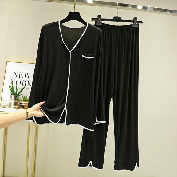 Pajamas Women's Long Sleeve Pj Set Soft 2 Piece Loungewear Sleepwear with Jogger Pants XS-3XL,Black,2XL