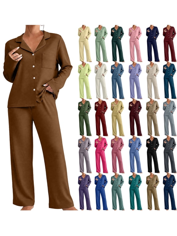 Pajamas Womens Long Sleeve Sleepwear Button Down Solid-Color Loungewear Pjs Set Comfy Soft,2 Piece Matching Set for Postpartum,Maternity,Daily,Gift Brown Xl