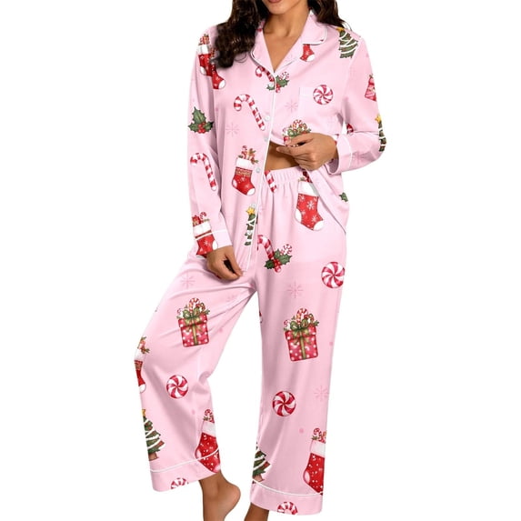 Pajamas for Womens Set 2 Piece JIANLAI Women's Christmas Printed Notch Collar Pajama Set Button Down Long Sleeve Top and Long Pants Loungewear Outfit Soft Casual Sleepwear