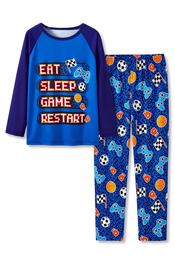 Pajamas for Boys Blue Gamer Long Sleeve & Pants 2-Piece PJ Set Kid Sleepwear Size 12