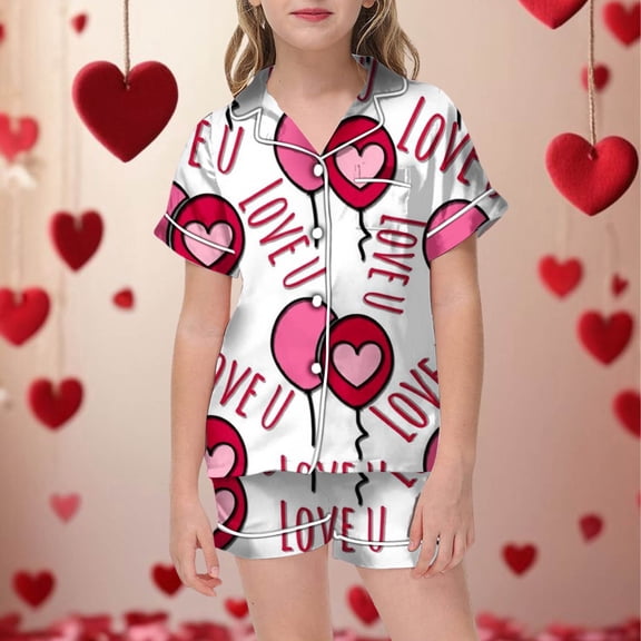 Pajamas for Children Shirt and Pant Set Casual Sleepwear Set with Pockets for Valentine's Day 4-5 Years
