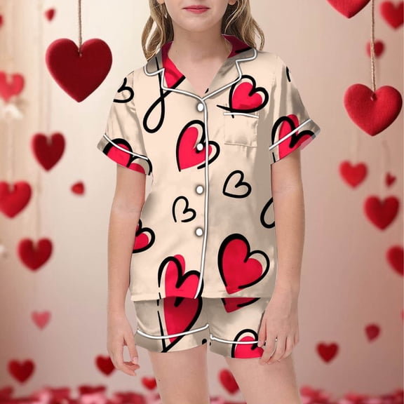 Pajamas for Children Shirt and Pant Set Casual Sleepwear Set with Pockets for Valentine's Day 4-5 Years