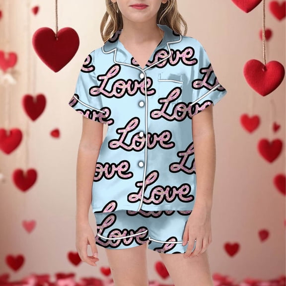 Pajamas for Children Shirt and Pant Set Casual Sleepwear Set with Pockets for Valentine's Day 8-9 Years