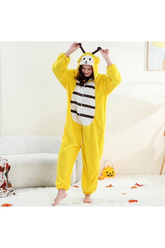 Pajamas for Famliy Animal Themed Onesie Sleepwear with Zipper Fuzzy Warm Winter Pjs Cozy Loungewear (B-Yellow Bee for Adult)