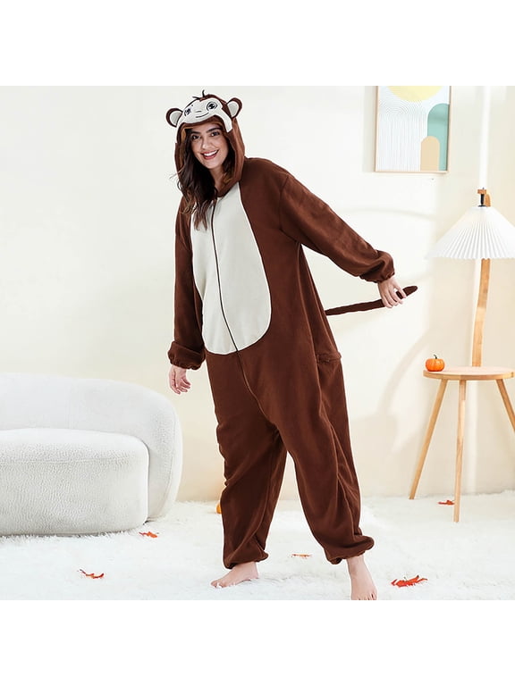 Pajamas for Famliy Animal Themed Onesie Sleepwear with Zipper Fuzzy Warm Winter Pjs Cozy Loungewear (D-Brown Monkey for Adult)