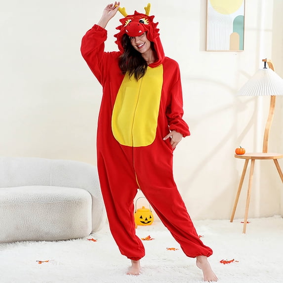 Pajamas for Famliy Animal Themed Onesie Sleepwear with Zipper Fuzzy Warm Winter Pjs Cozy Loungewear (F-Red Dragon for Adult)