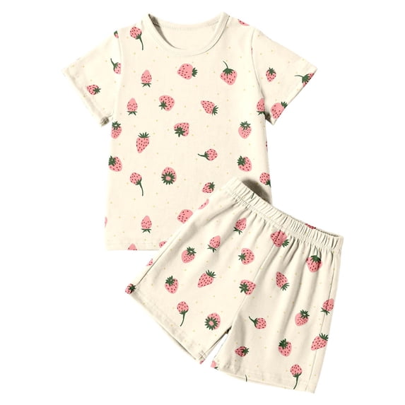Pajamas for Girls 2 Piece Lightweight Stylish Print Crew Neck Short Sleeve Top And Shorts Homewear Pjs for Girls Size 3-4 Years