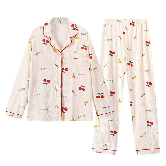 Pajama Sets Women Heart-shaped print Long-Sleeved and Long-Pants Wear Two Piece Pajama Set for Women