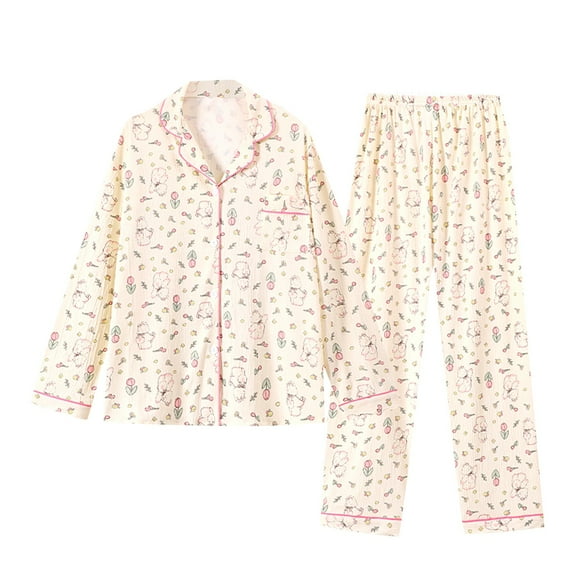 Pajama Sets Women Heart-shaped print Long-Sleeved and Long-Pants Wear Two Piece Pajama Set for Women