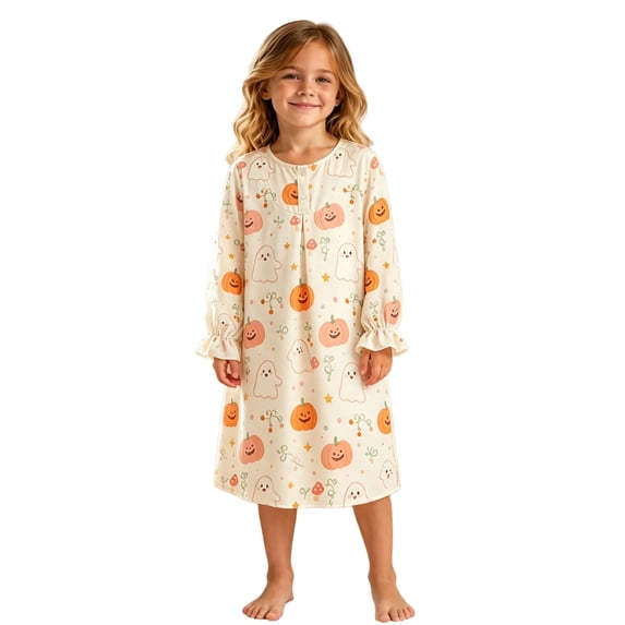 Pajamas for Girls Loose Halloween Pumpkin Print Ruffle Long Sleeve Crew Neck Nightgown Pjs for Girls Size 3-4 Years