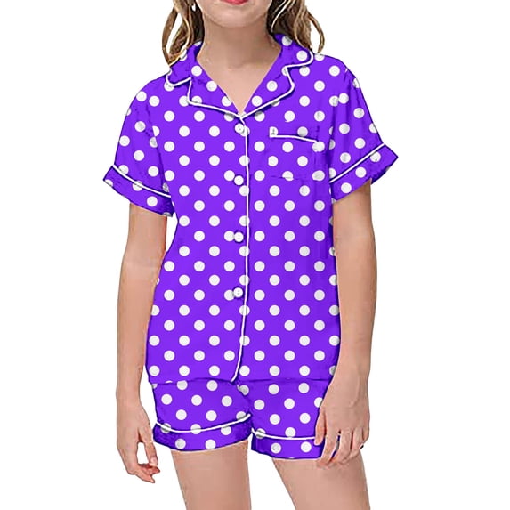 Pajamas for Girls Soft Satin Lightweight Button-Down Top with Shorts 2 Piece PJS Summer Pajamas for Girls Summer Short Sleeve PJ Set Kids Nightwear