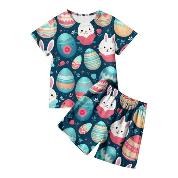 Pajamas for Kids Easter Pjs for Girls Easter Egg Printed Short Sleeve Top and Short Pants Two Pieces Kids Pajama Set for Boy 4-5 Years