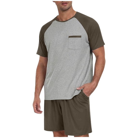 Pajamas for Men Big and Tall 2-Piece Set Summer Breathable Short Sleeve Color Blocked Raglan Sleep Top and Elastic Waist Sleepwear Short Bottom L-5XL
