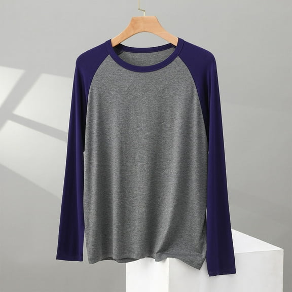 Pajamas for Men Modal T-Shirts Lightweight Long Sleeve Crewneck Sleepwear Tops Mens Casual Color-Block Soft Pullover Loungewear Shirts