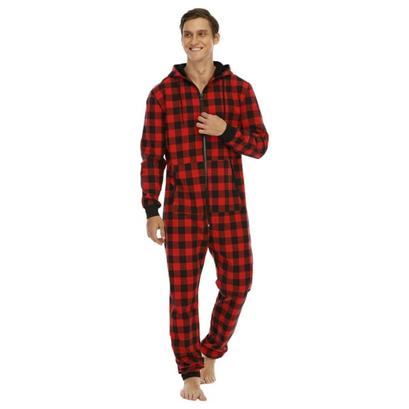 Pajamas for Men Relaxed Fit Plaid Zipper Hood Union Suits Long Sleeve Fall Winter Warm Home Wear Lounge Wear Red S
