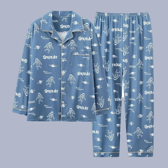 Pajamas for Men Set Long Sleeve Collared Button Top And Loose Pants Sleep Pajama Printed Loungewear Sleepwear 2 Piece Pj with Pockets
