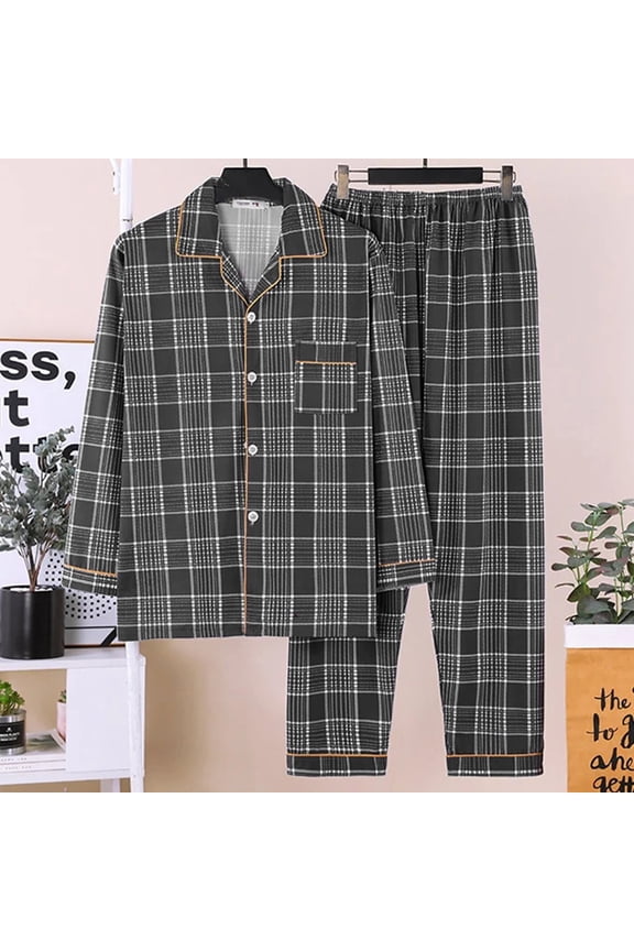 Pajamas for Men Set Plaid Home Wear Cardigan Long Sleeve Collared Top And Loose Pants Sleep Pajama Loungewear Sleepwear 2 Piece Pj with Pockets