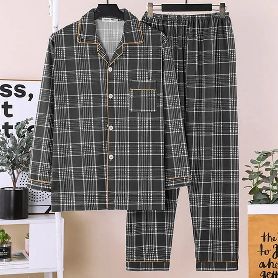 Pajamas for Men Set Plaid Home Wear Cardigan Long Sleeve Collared Top And Loose Pants Sleep Pajama Loungewear Sleepwear 2 Piece Pj with Pockets