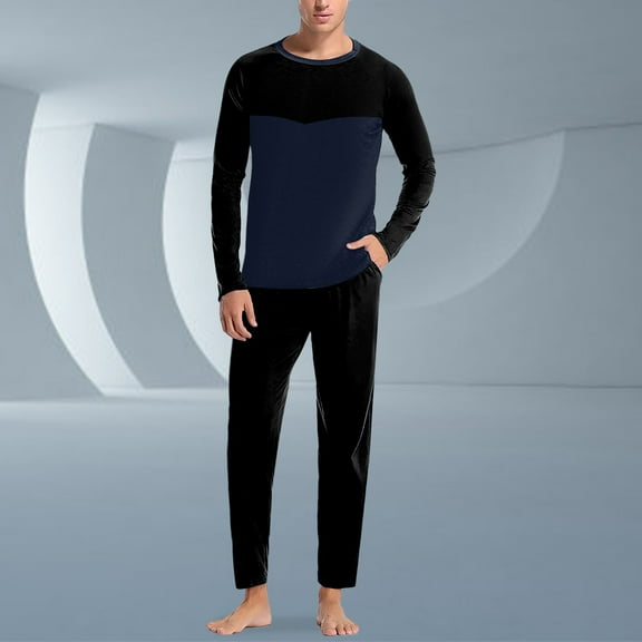 Pajamas for Men Set Soft Solid Color Long Sleeve Crew Neck Top And Loose Pants Sleep Pajama Loungewear Sleepwear 2 Piece Pj with Pockets Black L