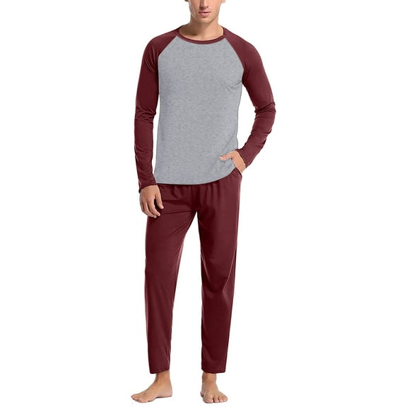 Pajamas for Men Set Soft Solid Color Long Sleeve Crew Neck Top And Loose Pants Sleep Pajama Loungewear Sleepwear 2 Piece Pj with Pockets