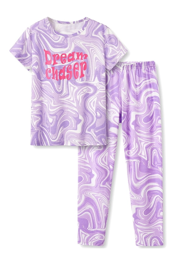 Pajamas for Tween/Teen Girls 2-Piece Purple Marble Print Short Sleeves Shirt & Pants PJ Set Jammies Size 12