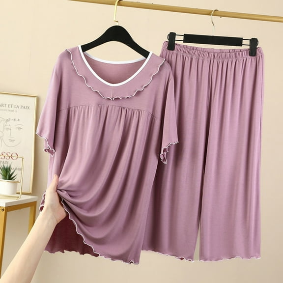 Pajamas for Women 2 PC Short Sleeved Pajamas with Capris Casual Home Wear Two-piece Set Purple L