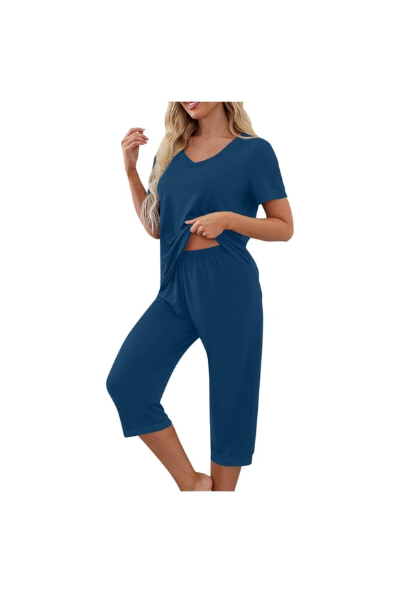 Pajamas for Women 2 Piece Capris Set Short Sleeve V Neck T Shirt Top & Elastic Waist Capri Pant Home Loungewear (2XL, Navy)