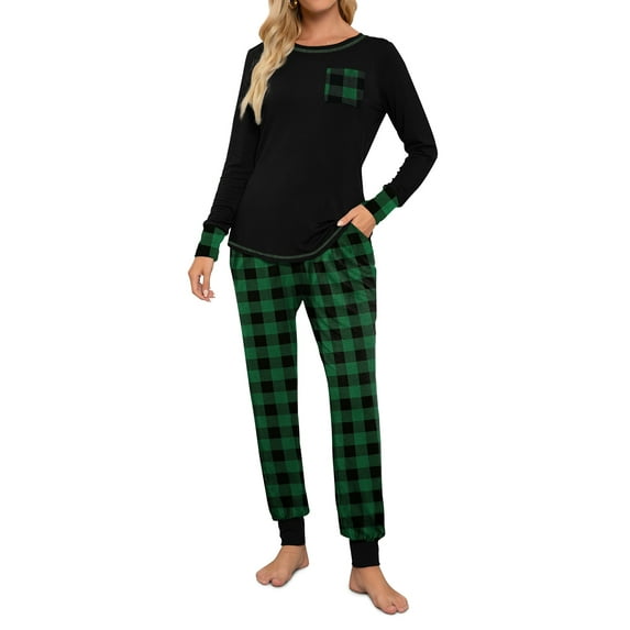 Pajamas for Women 2 Piece Pajama Set Long Sleeve Cotton Striped Sleepwear Ultra-Soft Pajama Pant Set(S,Green Black lattice)