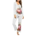thumbnail image 1 of Pajamas for Women 2 Piece Pant Sets Halloween Pumpkin Print Long Sleeve V Neck Top and Bottoms Pjs Outfits (M, White 01), 1 of 4