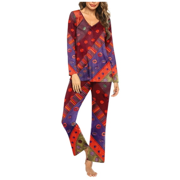 Pajamas for Women 2 Piece Sets Graphic Print Long Sleeve V Neck Top and Full Length Bottoms Pjs Outfits (3XL, Red)