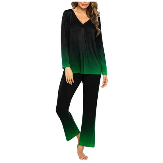 Pajamas for Women 2 Piece Sets Graphic Print Long Sleeve V Neck Top and Full Length Bottoms Pjs Outfits (S, Green 03)