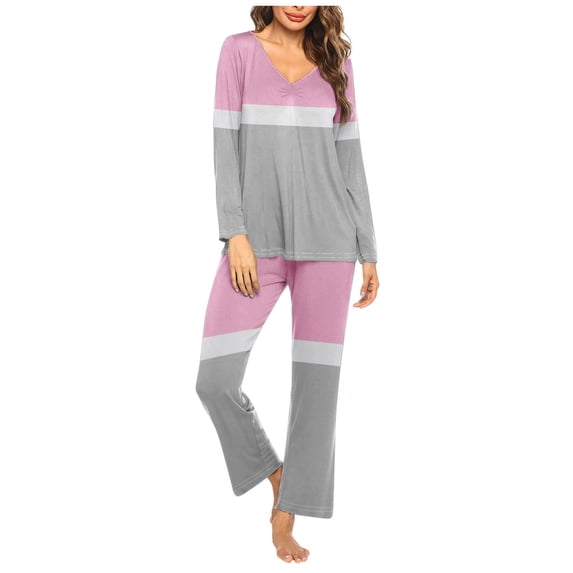 Pajamas for Women 2 Piece Sets Graphic Print Long Sleeve V Neck Top and Full Length Bottoms Pjs Outfits (S, Pink 02)