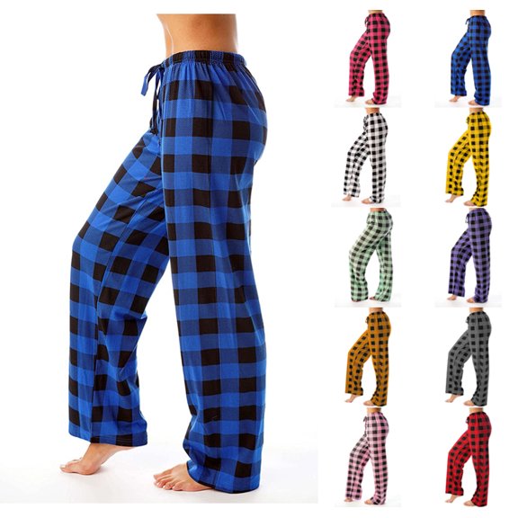 Pajamas for Women Buffalo Wide Leg Plaid Pjs Pants Elastic Waist Comfy Fleece Christmas Sleepwear Bottom Trousers with Pockets Blue L