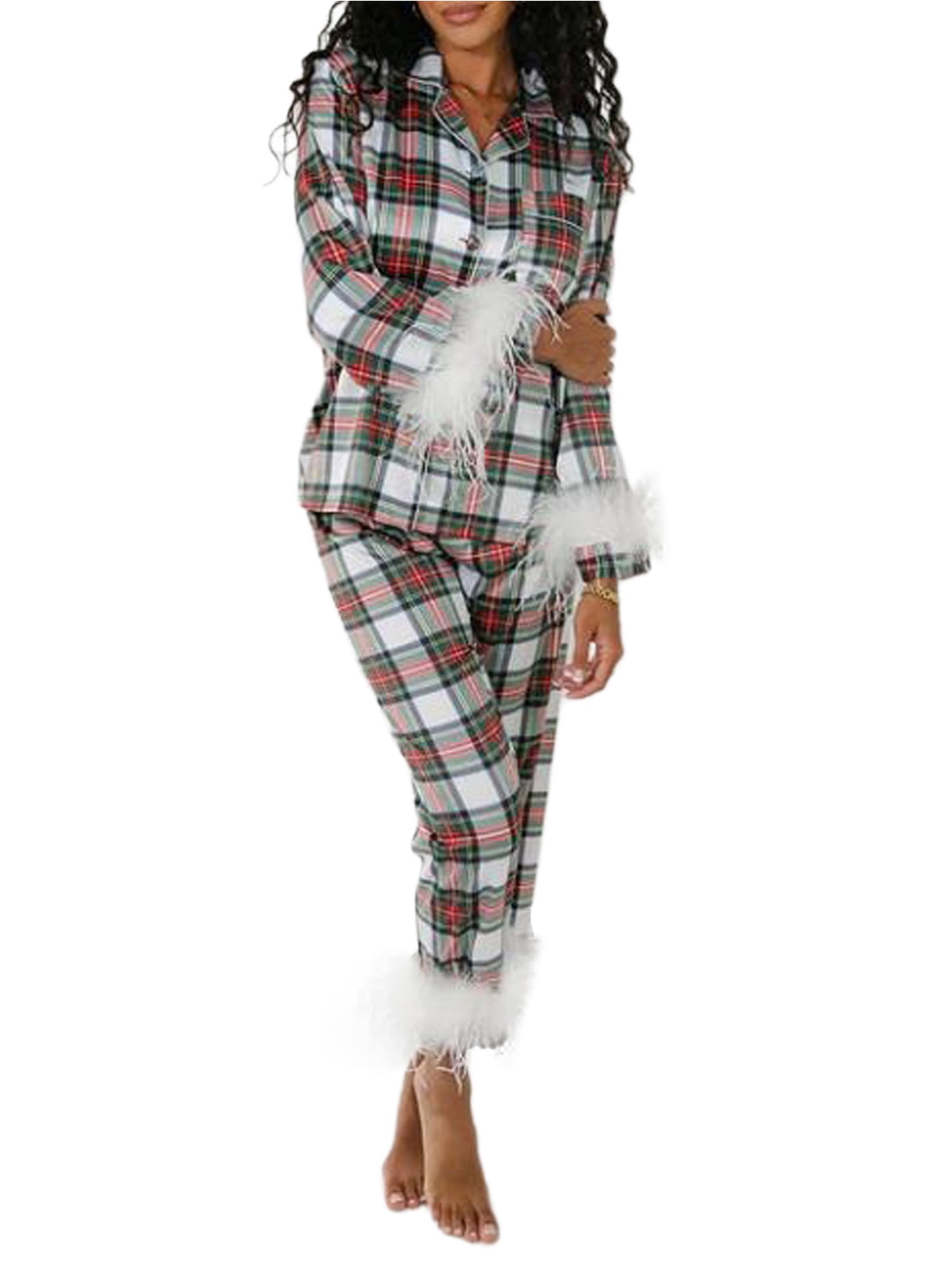 Pajamas for Women Button Up Pajama Set Christmas Plaid Long Sleeve