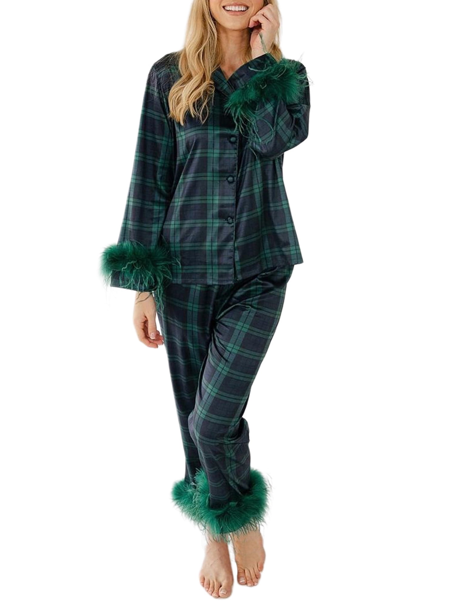 LAUREN By Ralph Lauren Notch Collar Pajama Set In Green Plaid