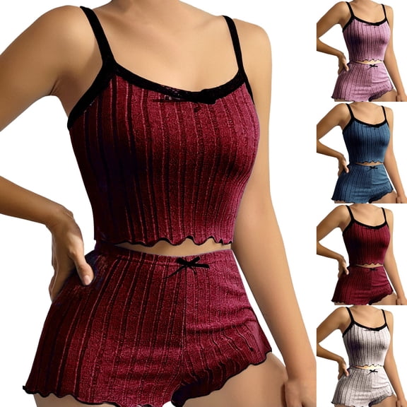 Pajamas for Women, Chroia 2 Piece Stretchy Lace Edged Pajama Set Cotton-Like Fabric Cami Top and Shorts Loungewear