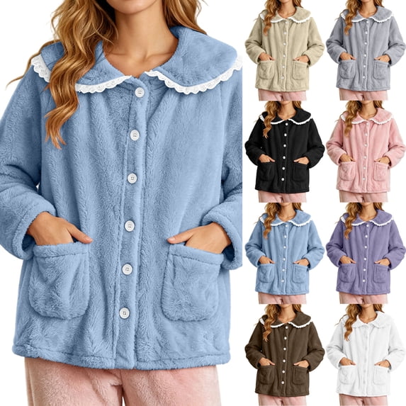 Pajamas for Women Dqueduo Lady's Winter Home-Style Button-Down Lace Long-Sleeve Cardigan – Fuzzy Fleece Pajama Jacket with Pockets Blue XL
