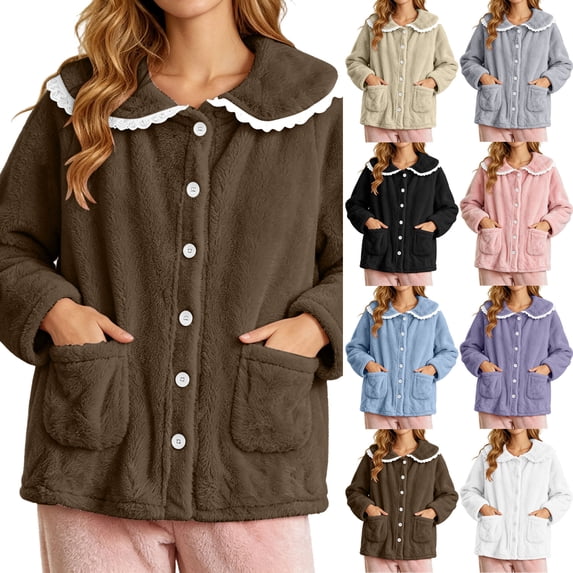 Pajamas for Women Dqueduo Lady's Winter Home-Style Button-Down Lace Long-Sleeve Cardigan – Fuzzy Fleece Pajama Jacket with Pockets Coffee XL