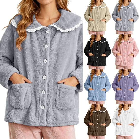 Pajamas for Women Dqueduo Lady's Winter Home-Style Button-Down Lace Long-Sleeve Cardigan – Fuzzy Fleece Pajama Jacket with Pockets Gray L