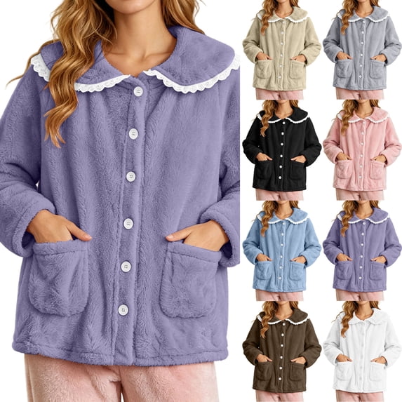 Pajamas for Women Dqueduo Lady's Winter Home-Style Button-Down Lace Long-Sleeve Cardigan – Fuzzy Fleece Pajama Jacket with Pockets Purple M